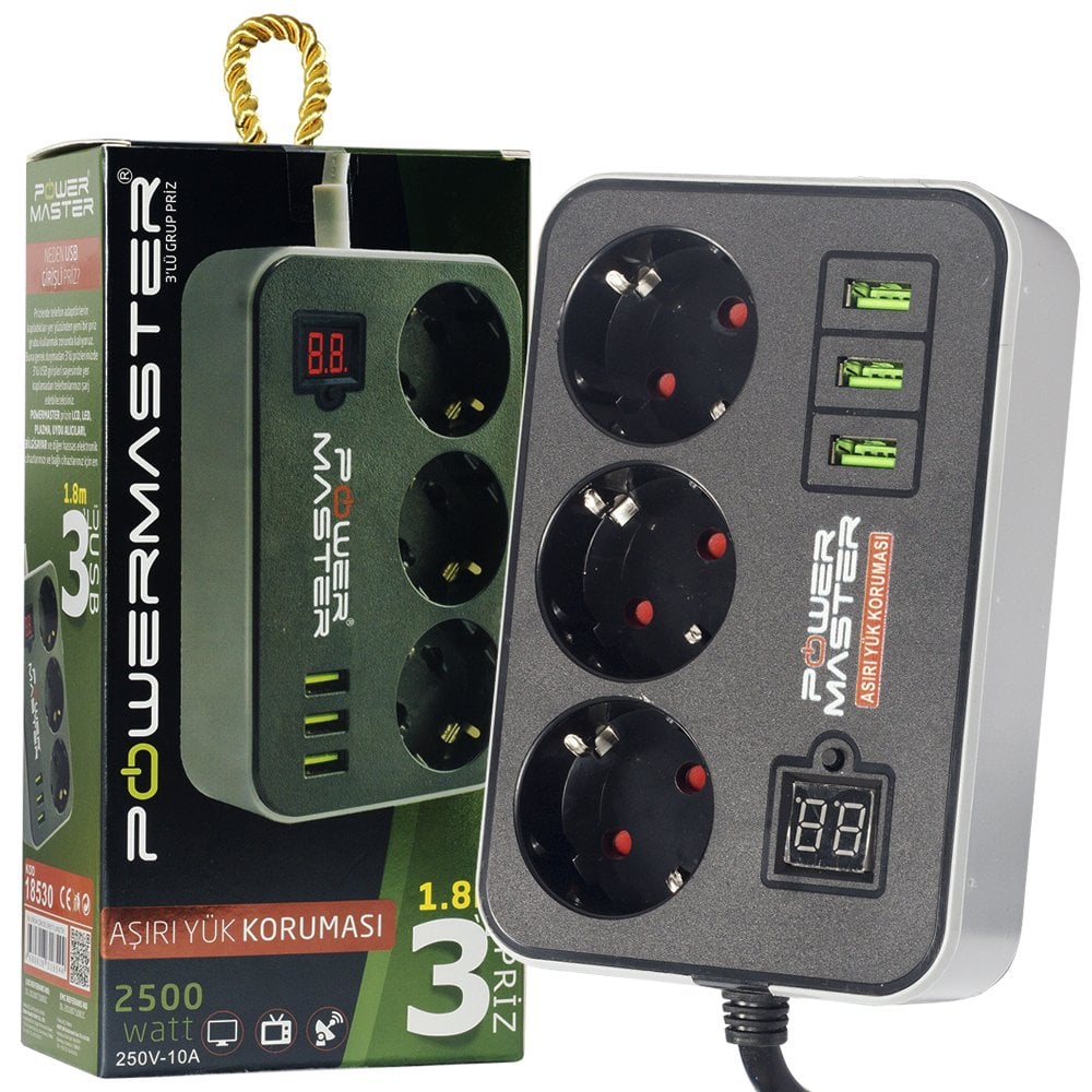 Powermaster PM-18530 3 Usb Çıkışlı 3'lü 1.8 Metre Kablolu Akım Korumalı Priz