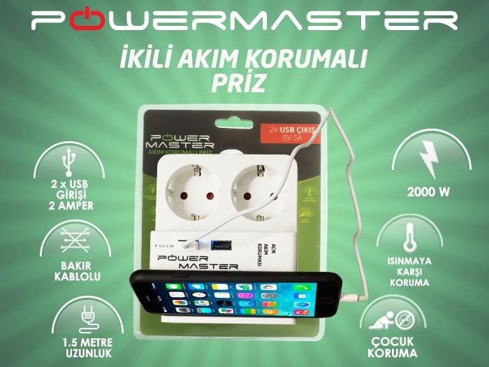 Powermaster 2 Usb Girişli 2li Akım Korumalı Priz tanıtım