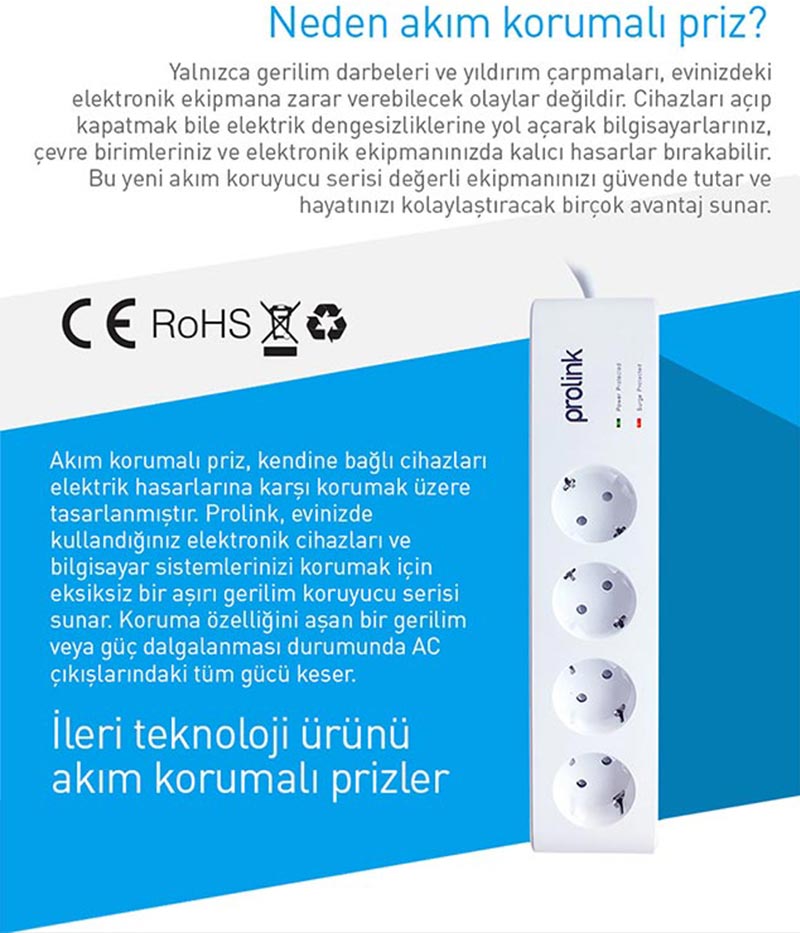 Prolink PR-SP08T 8'li 1.5 Metre 3600 Joule Akım Korumalı Priz