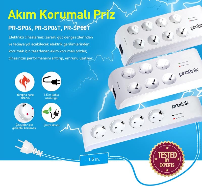Prolink PR-SP06T 6'lı 1.5 Metre 3600 Joule Akım Korumalı Priz 16A-3680W