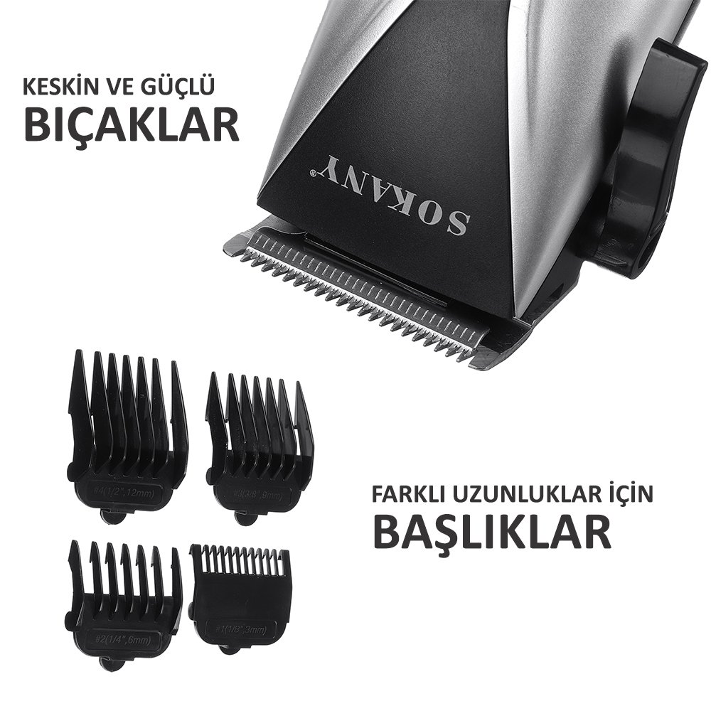 Sokany Şarjlı Saç Sakal Erkek Bakım Kiti (Traş Makinesi-4 Başlık-Makas-Tarak) SK-4643