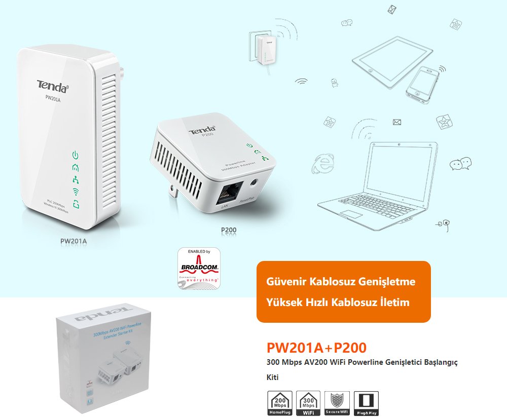 Tenda P200KIT P200+PW201A 300 Mbps Homeplug Powerline Wireless Kit