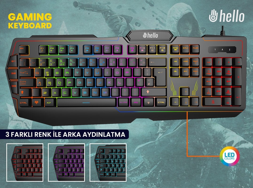 Hello HL-4616 4 Makro Tuşlu 3 Renk Işıklı Gaming Oyuncu Klavye