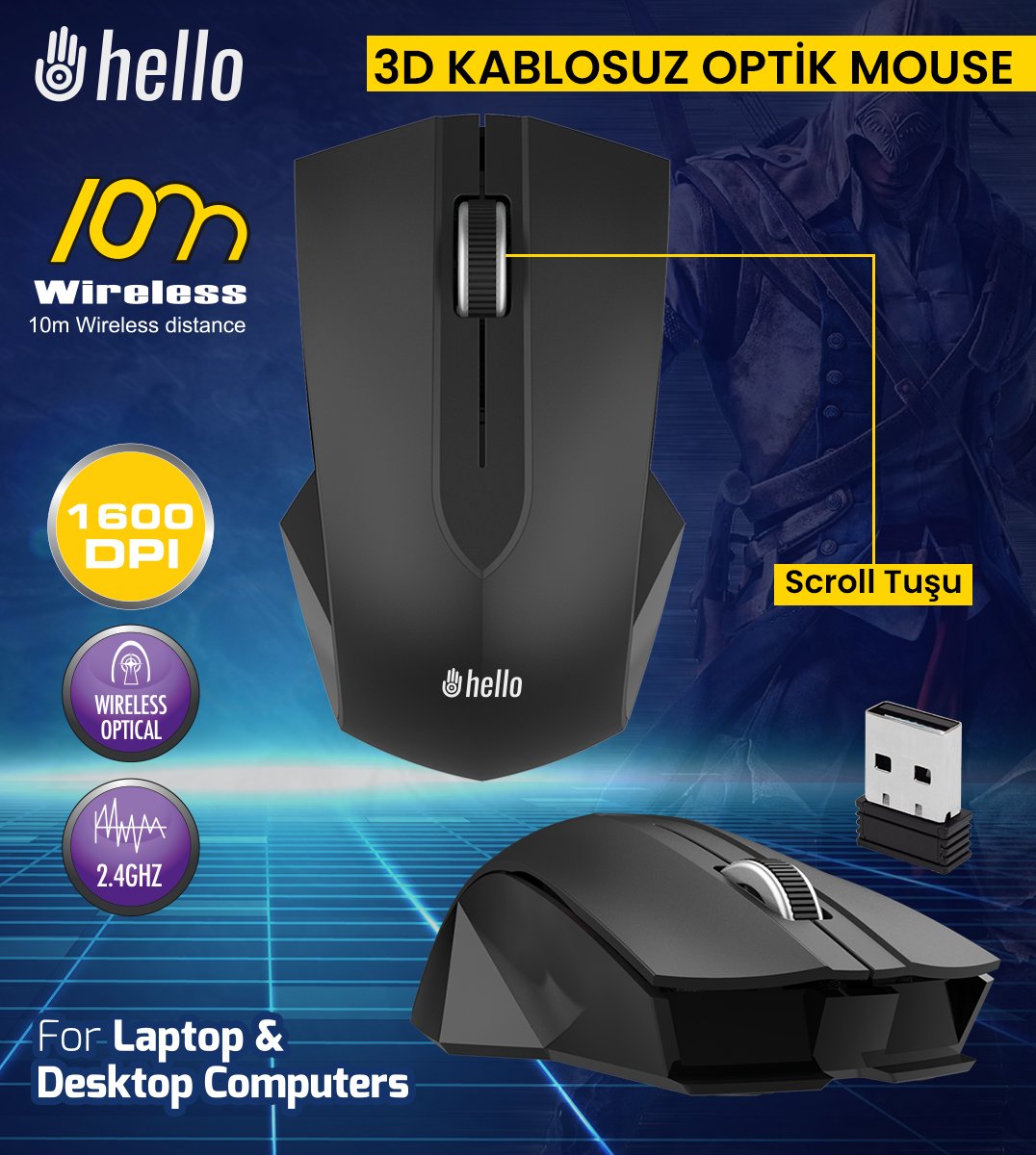 Hello HL-4707 2.4GHZ 1200DPI 3D Kablosuz Optik Mouse