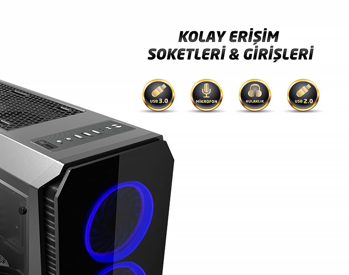 Rampage Falcon-X Siyah Usb3.0 4*RGB Fan Temperli Cam Gaming Oyuncu Kasası 2