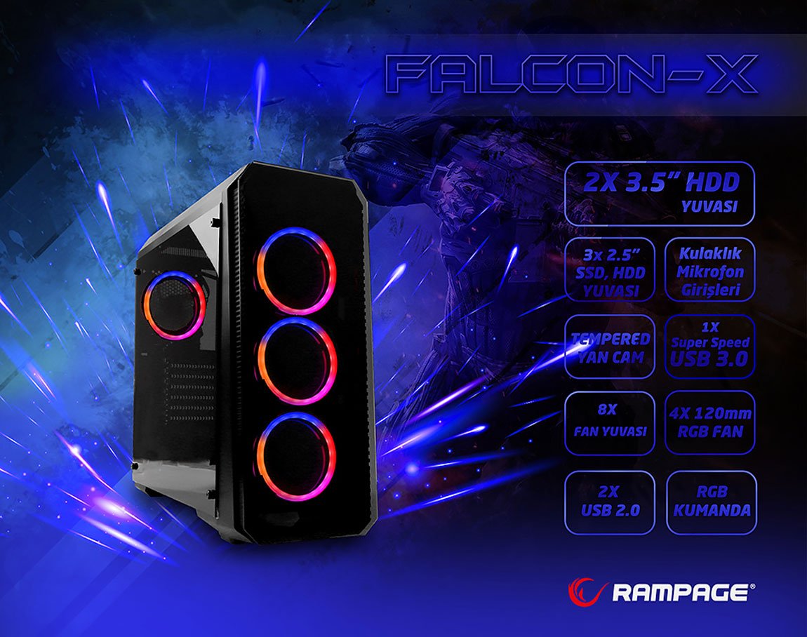Rampage Falcon-X Siyah Usb3.0 4*RGB Fan Temperli Cam Gaming Oyuncu Kasası 6 