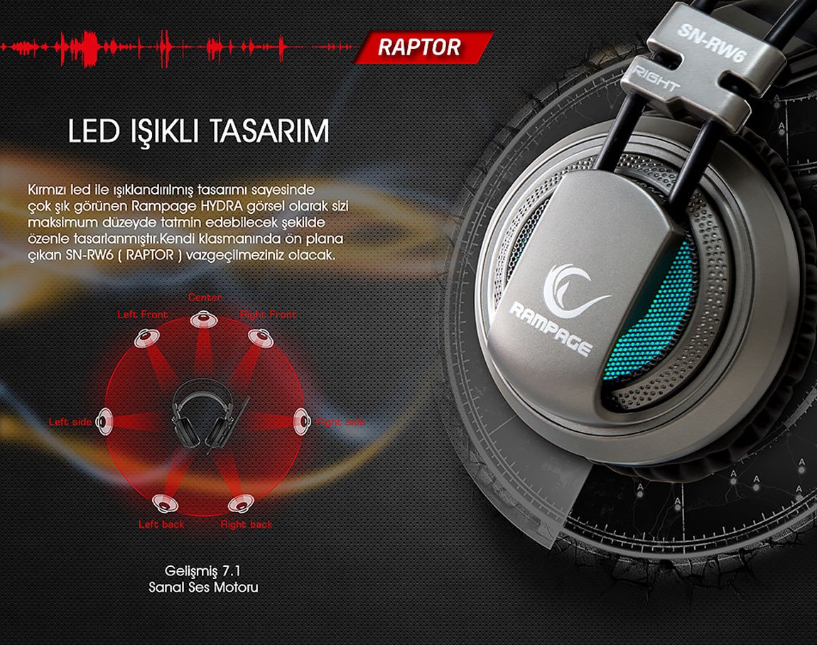 Rampage SN-RW6 Raptor Gümüş/siyah 7.1 Surround Sound System Titresimli Gaming Mikrofonlu Kulaklık