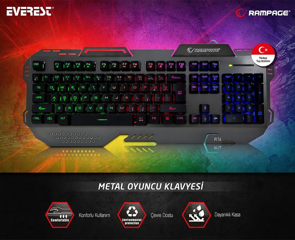 Everest Rampage KB-R74 Gökkuşağı Aydınlatmalı Usb Gaming Oyuncu Multimedya Q Klavye