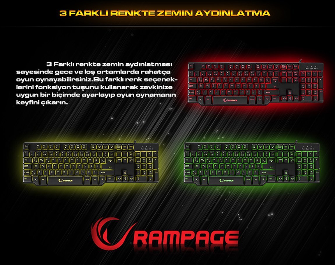 Rampage KB-R8 USB 3 Farklı Aydınlatmalı Gaming Oyuncu Mekanik Hisli Q Klavye