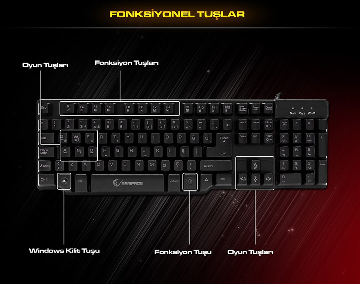 Rampage KB-R8 Siyah USB 3 Farklı Aydınlatmalı Gaming Oyuncu Q Mekanik Hisli Klavye