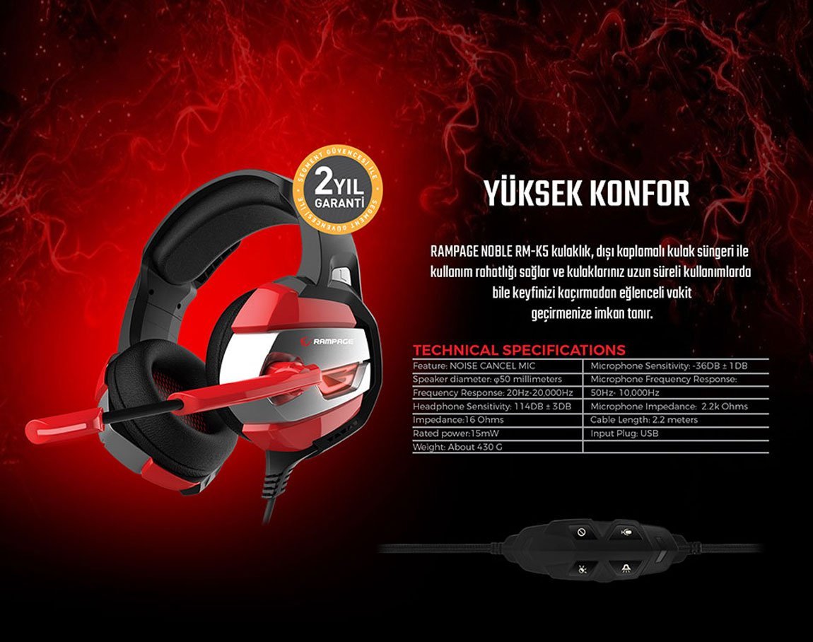 Rampage RM-K5 NOBLE Siyah/kırmızı 7.1 Surround Sound System USB Mikrofonlu Gaming Oyuncu Kulaklığı 