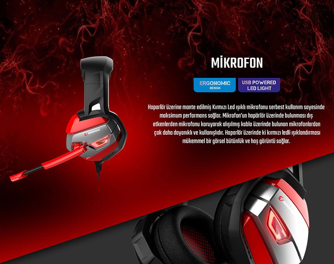 Rampage RM-K5 NOBLE Siyah/kırmızı 7.1 Surround Sound System USB Mikrofonlu Gaming Oyuncu Kulaklığı 