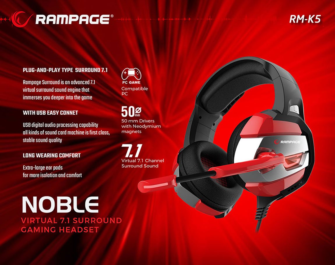 Rampage RM-K5 NOBLE Siyah/kırmızı 7.1 Surround Sound System USB Mikrofonlu Gaming Oyuncu Kulaklığı 