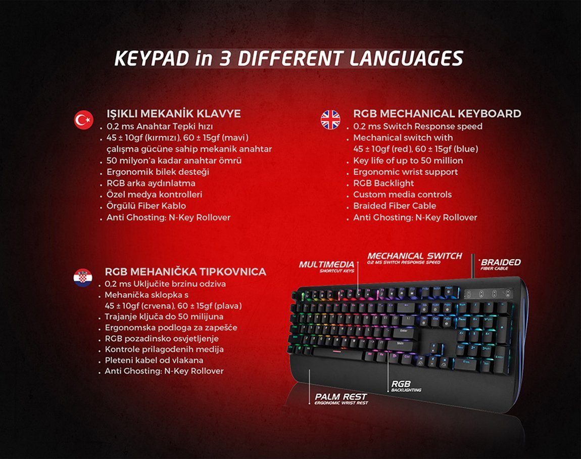 Rampage KB-R90 ORION RGB Versiyon USB Blue Switch Oyuncu Mekanik Klavye