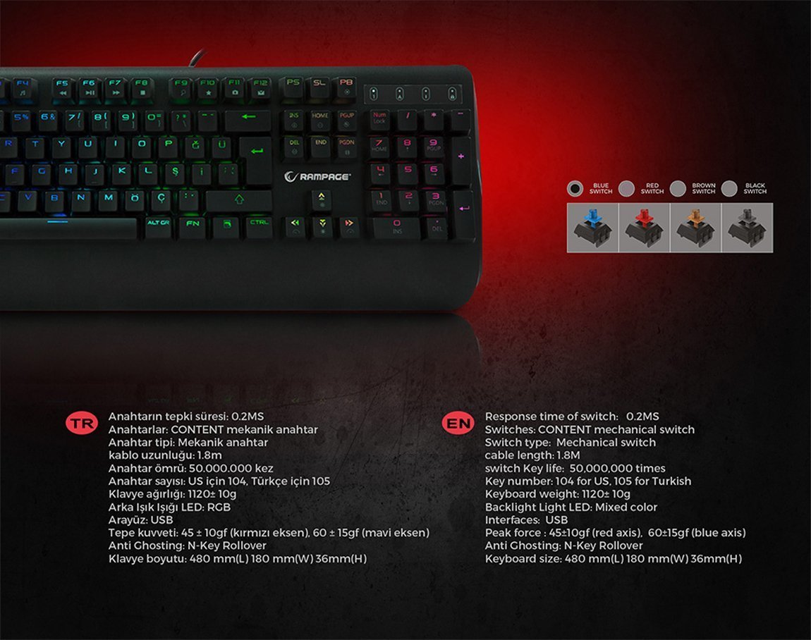 Rampage KB-R90 ORION USB Blue Switch Gaming Oyuncu Mekanik Klavye