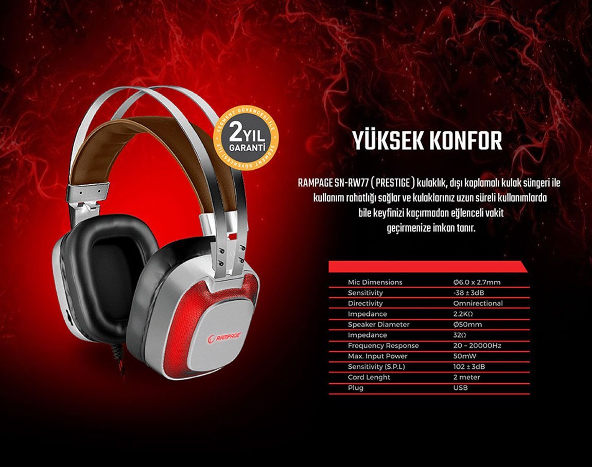 Rampage SN-RW77 PRESTIGE Metalik Gri Ergonomik Tasarım Gizli Mikrofonlu Gaming Oyuncu Kulaklık