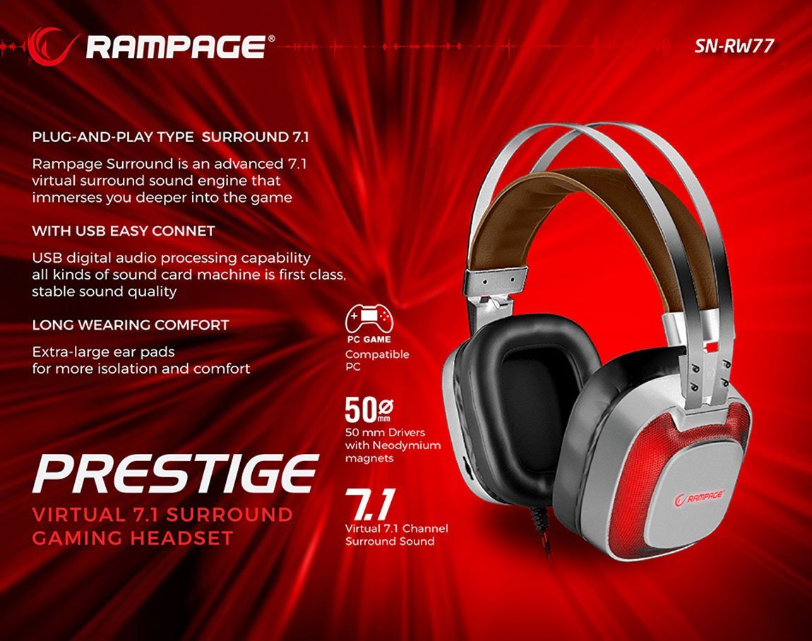 Rampage SN-RW77 PRESTIGE Metalik Gri USB 7.1 Ergonomik Tasarım Gizli Mikrofonlu Oyuncu Kulaklık