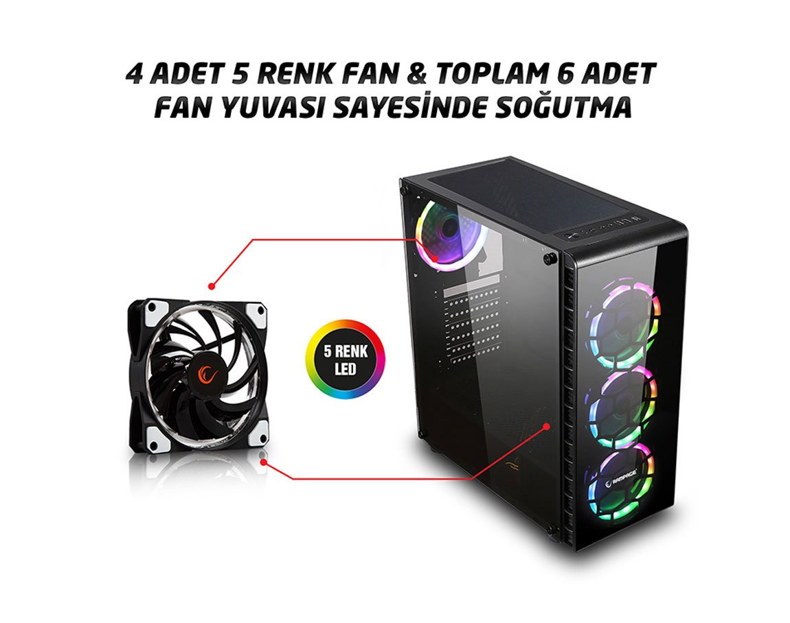 Rampage RAIDER 4*12cm 5 Renk Fan 1*Usb 3.0 2*Usb 2.0 Gaming Oyuncu Kasası 5 