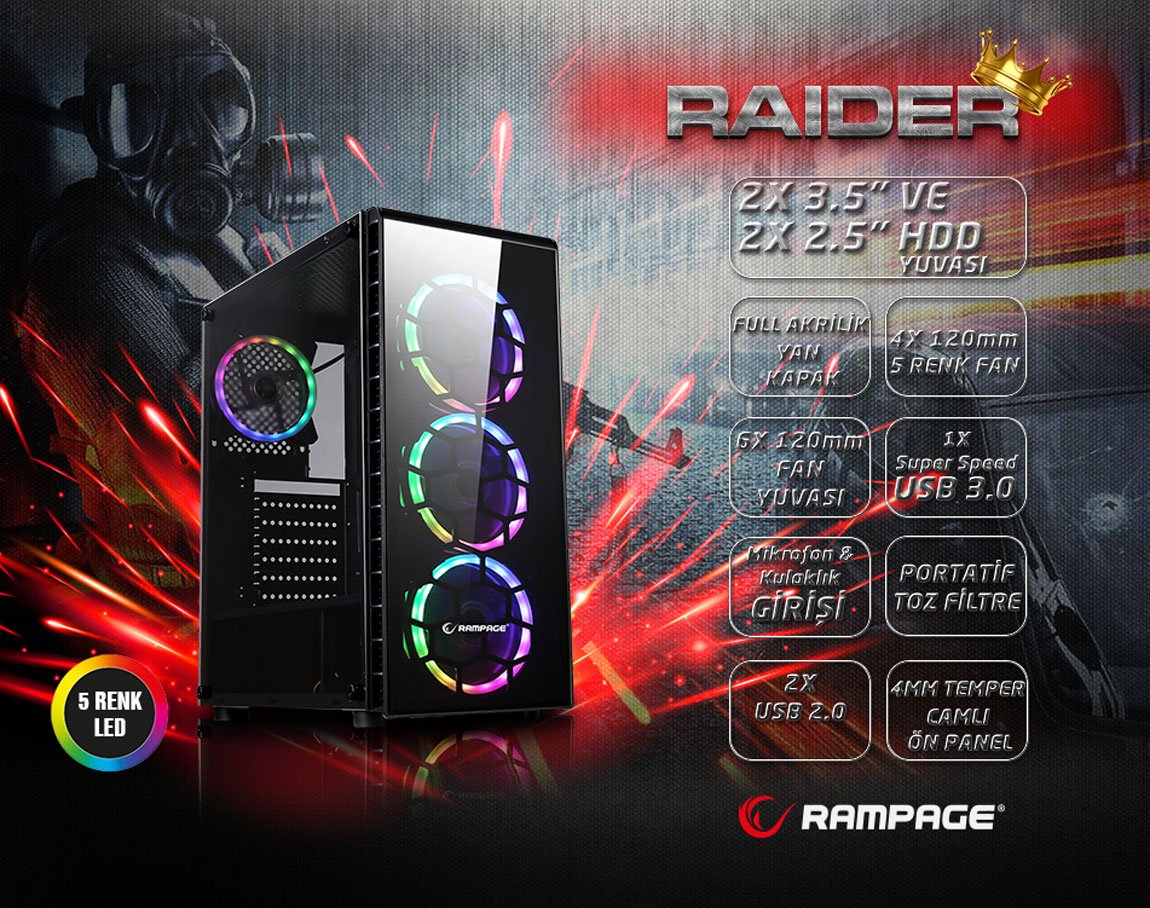  Rampage RAIDER 4*12cm 5 Renk Fan 1*Usb 3.0 2*Usb 2.0 Gaming Oyuncu Kasası