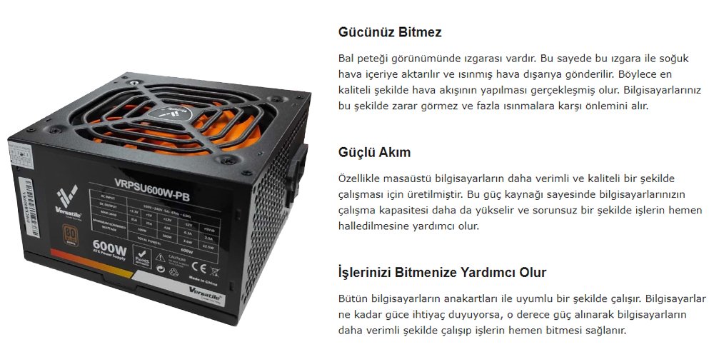 Versatile 600 Watt Oyuncu Pc Power Supply VRPSU600W-PB 80 Plus