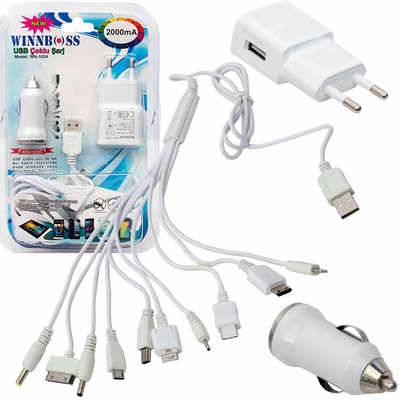 Winnboss WN-1024 Ev-Araç Çoklu 10 Uçlu Usb Şarj Aleti 2000mA 