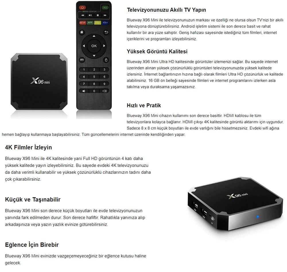 X96 Mini 2Gb DDR3 Ram 16Gb Hafıza Dahili Wifi 4K Netflix 7.1.2 Android Tv Box