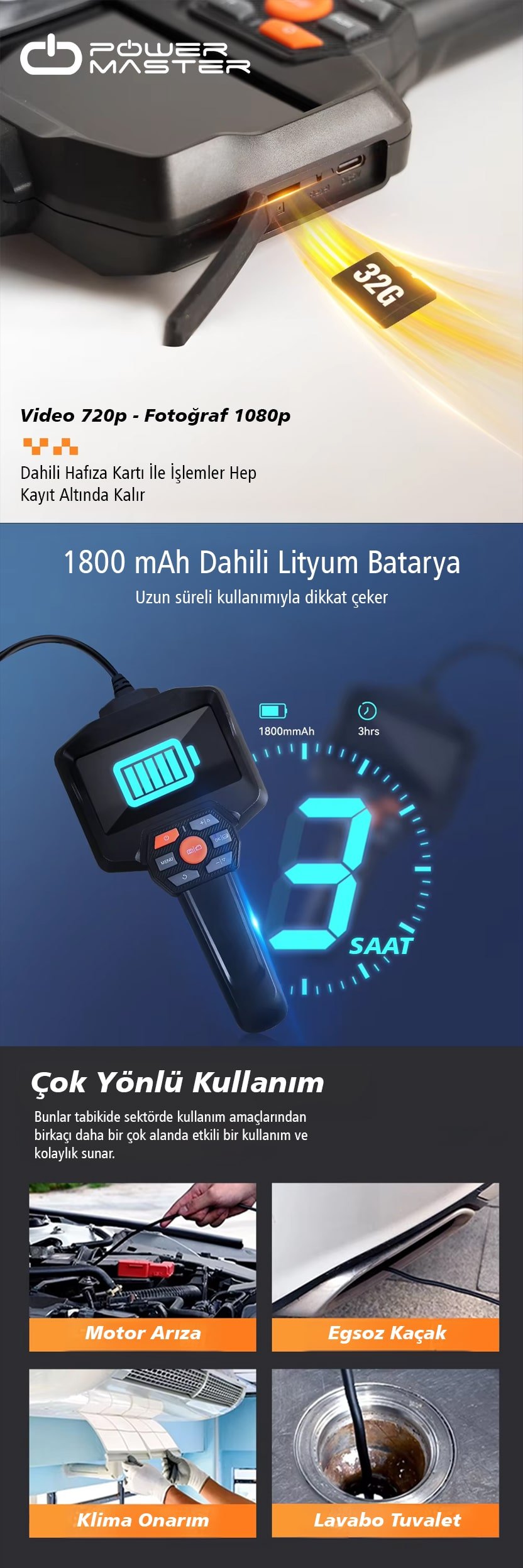 Araç arıza tespit lavabo tuvalet onarım görüntüleme cihazı