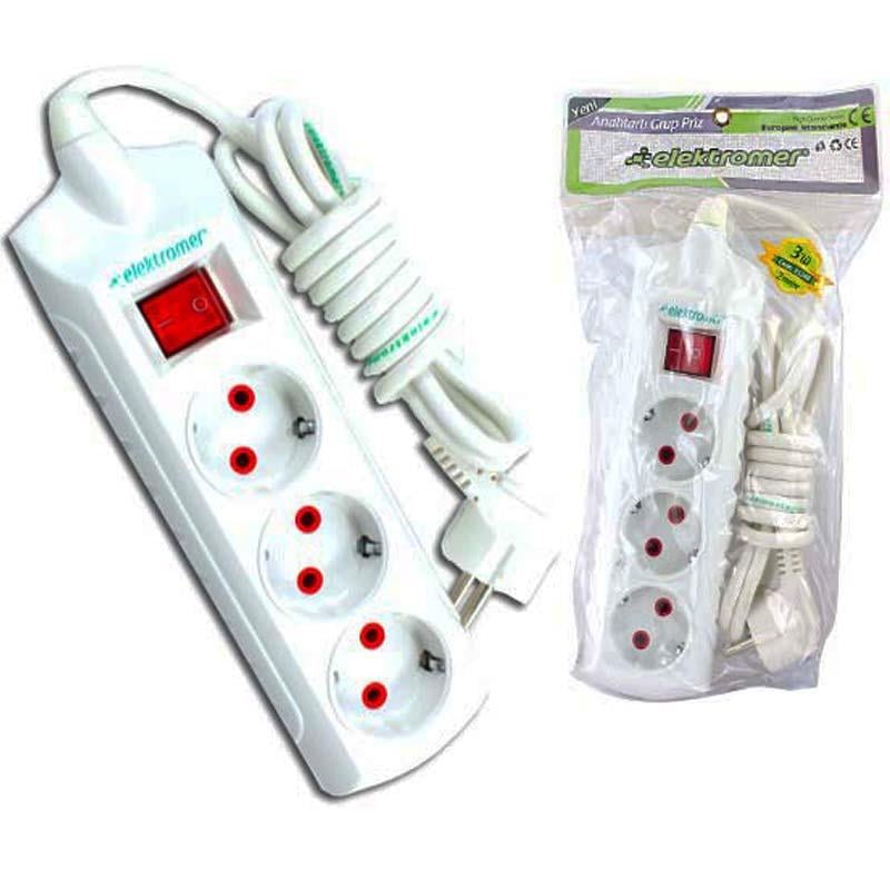 ELEKTROMER 3LÜ 2 METRE KABLOLU ANAHTARLI PRİZ