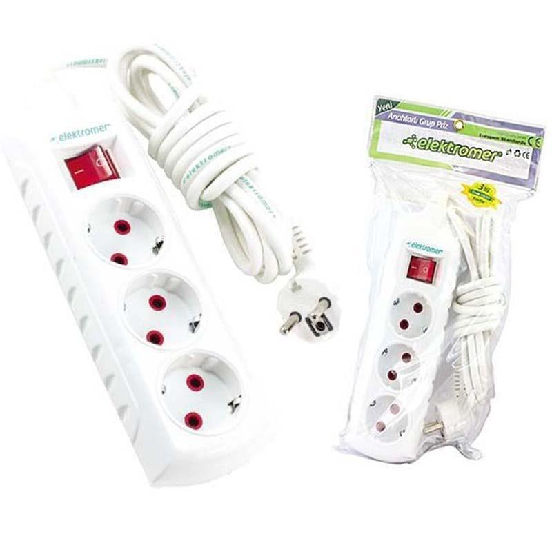 ELEKTROMER 3LÜ 3 METRE KABLOLU ANAHTARLI PRİZ