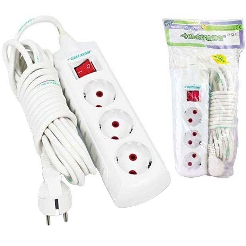 ELEKTROMER 3LÜ 5 METRE KABLOLU ANAHTARLI PRİZ
