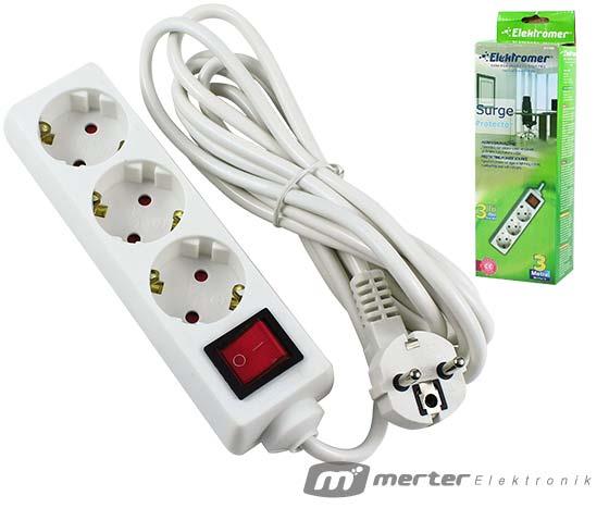 ELEKTROMER ELT-330 3LÜ 3 METRE KABLOLU ANAHTARLI AKIM KORUMALI GRUP PRİZ