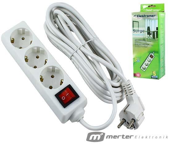 ELEKTROMER ELT-350 3LÜ 5 METRE KABLOLU ANAHTARLI AKIM KORUMALI GRUP PRİZ