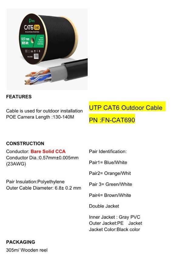 FENY FN-CAT690 305 METRE 23 AWG 0.57MM ÇİFT ÇEKET GOLD DIŞ MEKAN SİYAH CATT UTP KABLO