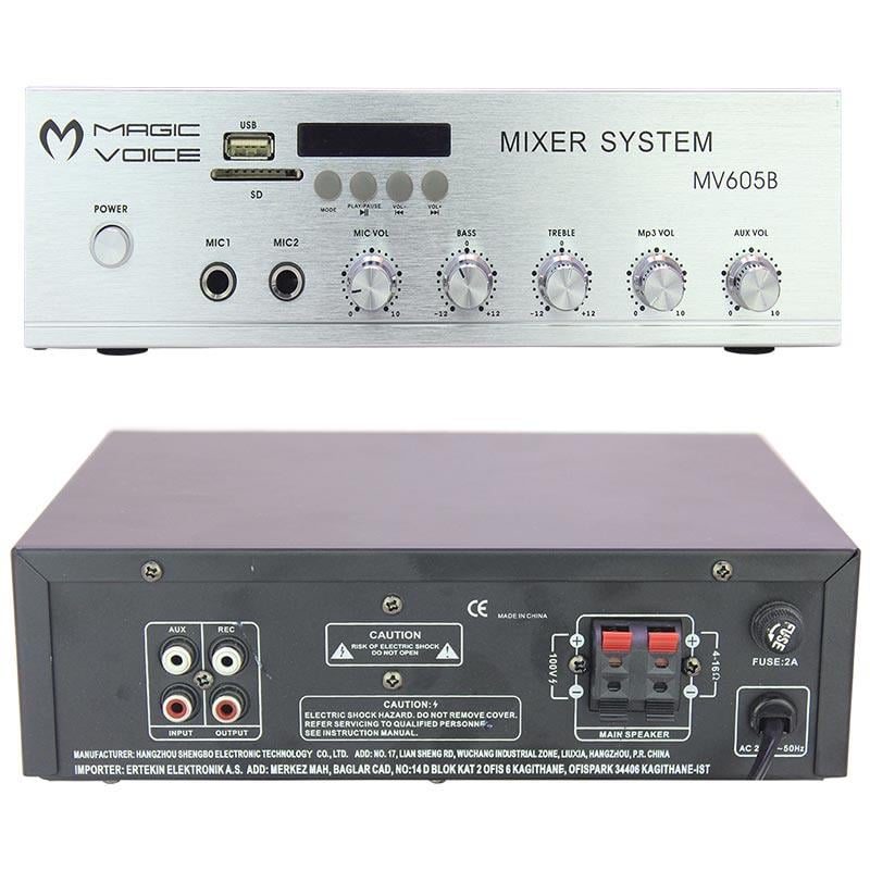 MAGICVOICE MV-605B MİNİ-60W 100V/4-16 OHM.USB/SD LED EKRANLI 2X MİK GİRİŞLİ TRAFOLU ANFİ