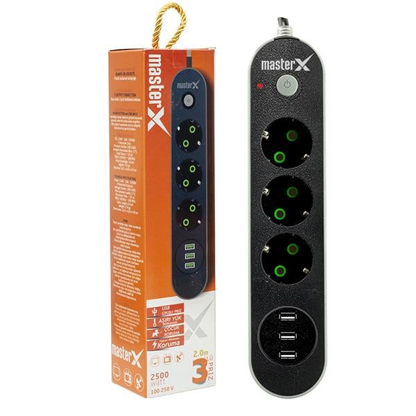 MASTERX 18983 10 AMPER - 2500 WATT 3LÜ 2 METRE KABLOLU 3 USBLİ AKIM KORUMALI PRİZ