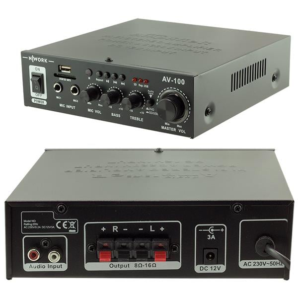NWORK AV-100 MİNİ USB*SD-12V-220V VOLT 2 MİK 15 W TRAFOSUZ ANFİ