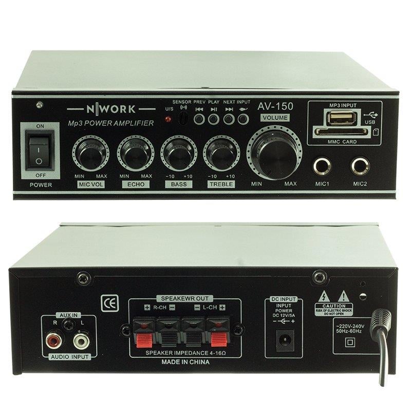 NWORK AV-150 MİNİ-USB*SD/BT/UK GİRİŞ-12V-220V-EKO-2 MİK-15 W TRAFOSUZ ANFİ