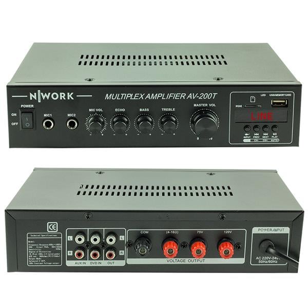 NWORK AV-200T MİNİ 80 WATT 100V/70V/4-16 OHM USB/SD/UK 2 MİK GİRİŞ TRAFOLU ANFİ
