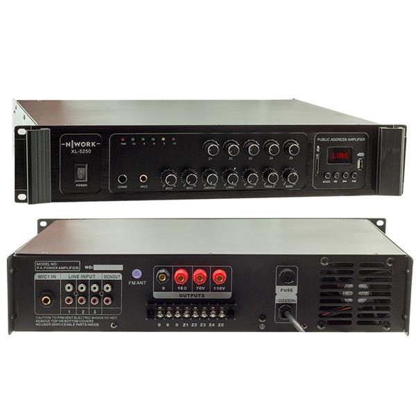 NWORK XL-5250 250 WATT 100V/70V/4-16 OHM USB/SD 5 BÖLGELİ 2 MİK.GİRİŞ TRAFOLU ANFİ