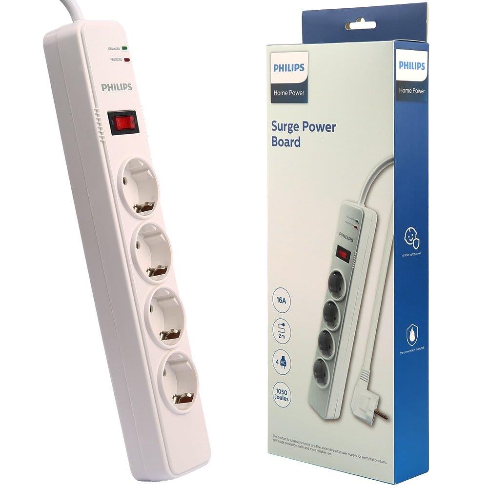 PHILIPS SPS1040B/51 1050 JOULE 4LÜ 2 METRE KABLOLU ANAHTARLI BEYAZ AKIM KORUMALI PRİZ