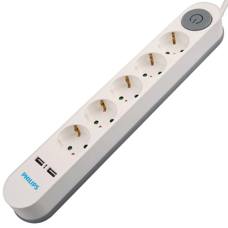 PHILIPS SPS1153A/51 5Lİ 2 METRE KABLOLU ÇİFT USBLİ ANAHTARLI BEYAZ AKIM KORUMALI PRİZ