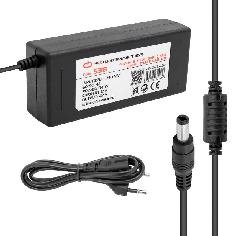 POWERMASTER 42 VOLT - 2 AMPER LI-ION LİTYUM PİLLER İÇİN 5.5*2.5 UÇLU ELEKTRİKLİ BİSİKLET ŞARJ CİHAZI