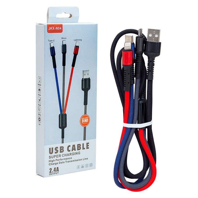 Powermaster JKX-44 Usb To Micro Usb Type-C Lightning 3’Lü 2.4 Amper Şarj Kablosu