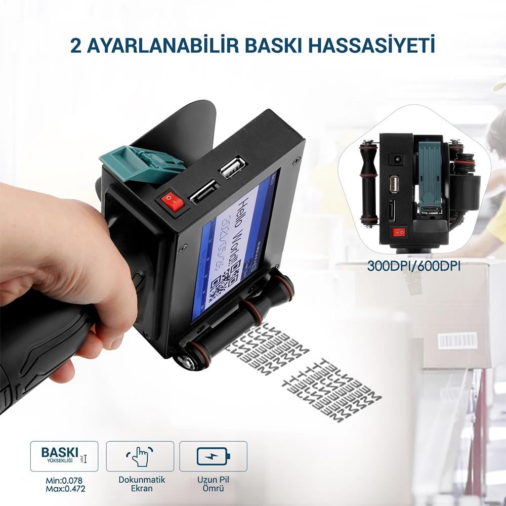 Powermaster PM-10878 4.3'' Dokunmatik Ekranlı Şarjlı Endüstriyel El Tipi Portatif Mürekkep Yazıcı
