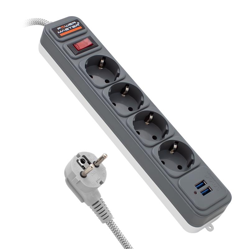 POWERMASTER PM-6032 4LÜ 2 METRE KABLOLU 2 USBLİ ISIYA DAYANIKLI ANAHTARLI TERMAL AKIM KORUMALI PRİZ