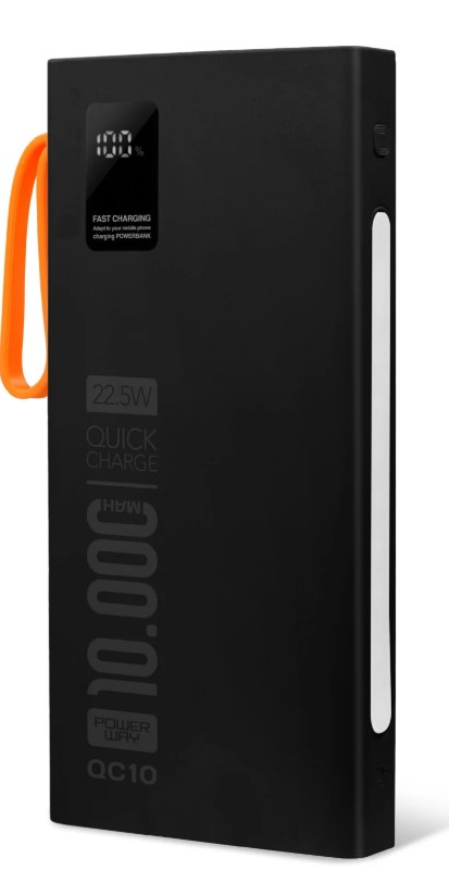 POWERWAY QC10-PD 10.000 MAH 22.5 WATT DAHİLİ USB-MICRO USB-LIGHTINING-TYPE-C KABLOLU SİYAH SUPER HIZLI POWERBANK