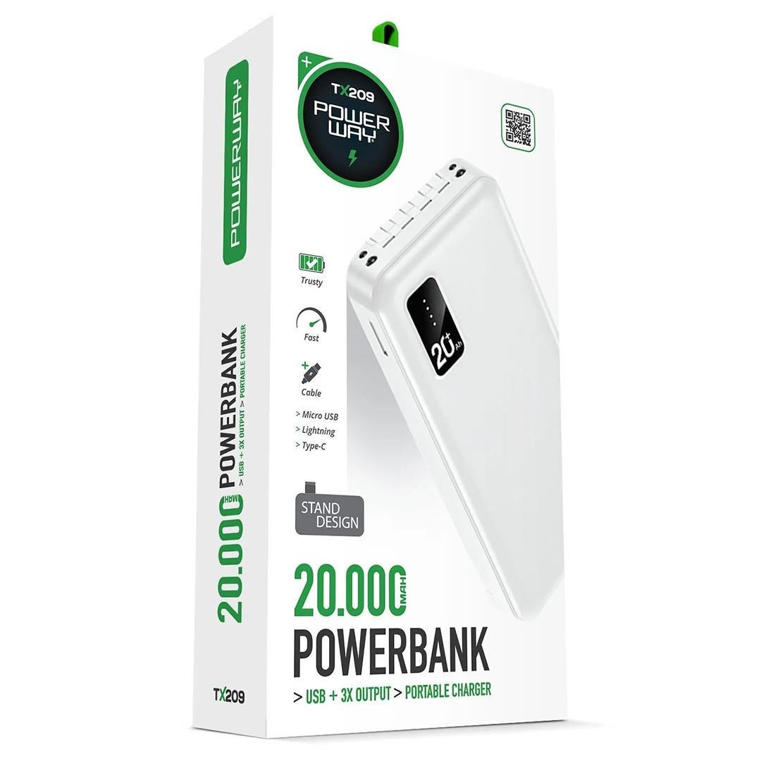 Powerway TX209 20.000Mah Kablolu Dijital Göstergeli Fenerli Powerbank Dahili Telefon Stand (MİCRO - TYPE C - LİGHTNİNG)
