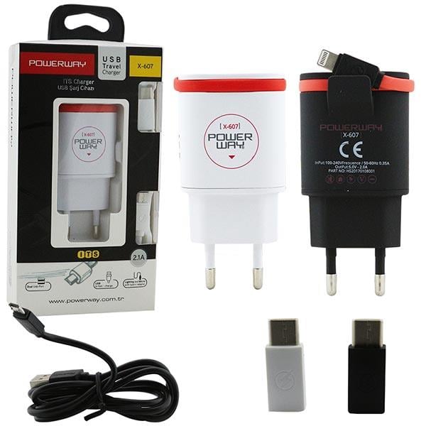 POWERWAY X-607 IPHONE + SAMSUNG + C TYPE 3 Ü BİR ARADA KABLOLU ŞARJ ALETİ SİYAH*BEYAZ (5V-2.1A)