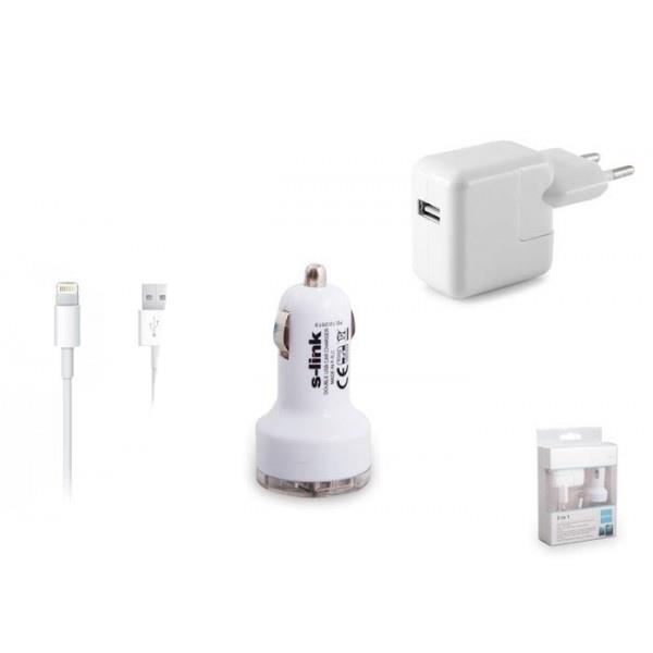S-LINK IP-5510 IPAD 4/MİNİ 2000MA 3IN1 EV+ARAÇ DATA ŞARJ KABLOS SET