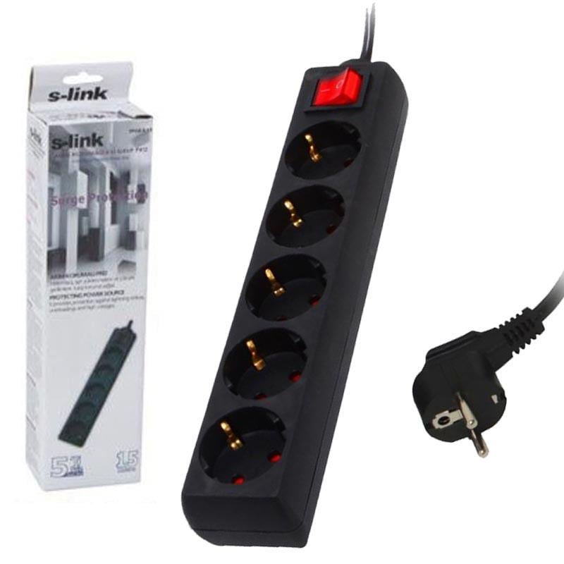 S-LINK SPG8-5-15 5Lİ 1.5 METRE KABLOLU SİYAH AKIM KORUMALI PRİZ